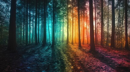 Fototapeta premium Enchanted Forest Landscape with Colorful Light Rays and Long Shadows in a Serene Nature Scene