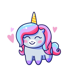 Cute Cartoon kawaii baby Unicorn, isolated. Simple children's colorful print, poster, element for design of clothing, textiles, rooms.

