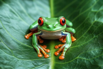 Fototapeta premium Visual advertisement layout featuring a vibrant red-eyed tree frog on lush foliage