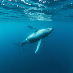 Obraz premium The camera slowly descends from the surface of the sea, following a huge whale as it gracefully dives into the deep sea,