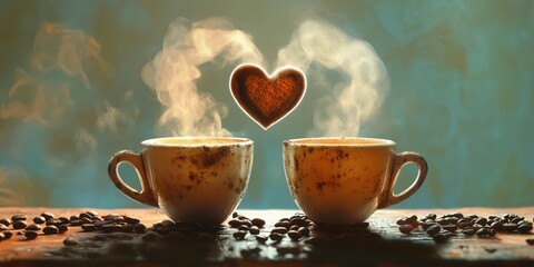 Two coffee cups side by side, with heart-shaped steam rising from them, surrounded by scattered coffee beans