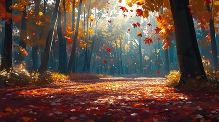Fototapeta premium Serene Autumn Landscape with Colorful Leaves in a Tranquil Forest Setting Illuminated by Sunlight