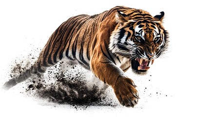 Obraz premium Running Tiger with Explosive Motion Isolated on White Background