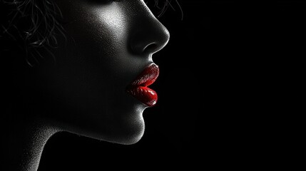   An image of a woman's face in black and white with an open mouth and red lipstick on her lips