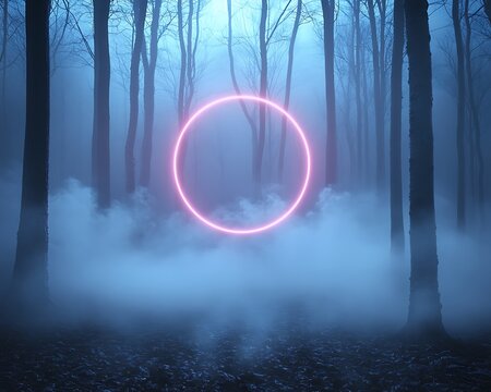 A mystical forest scene containing a neon pink glowing ring - Powered by Adobe