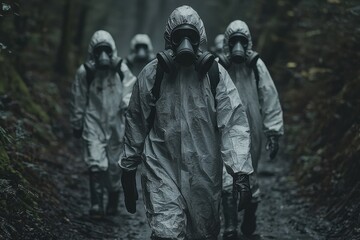 Fototapeta premium Group of individuals in protective gear walking through a dense forest trail during overcast weather