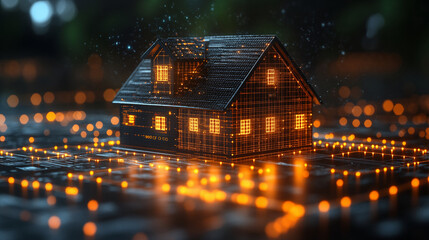 Digital house model with glowing orange grid lines and illuminated windows on circuit board surface with bokeh lights. Smart home technology concept for real estate innovation and automation systems
