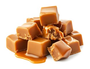 A pile of caramel fudge with dripping liquid, isolated on a white background
