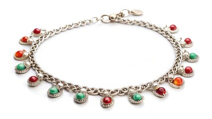 Silver Anklet with Multicolored Gemstones on White Background