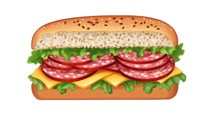 Delicious salami sandwich with cheese, lettuce, and seeded bread, isolated on transparent background --ar 16:9