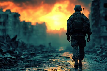 Soldier walks through a devastated cityscape at sunset amidst destruction and chaos