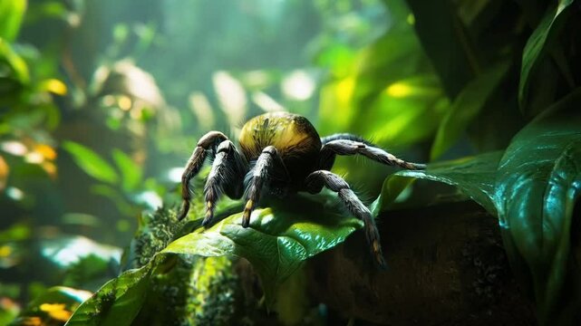 The spider perched delicately on the leaf, its intricate web glistening with morning dew in the sunlight.