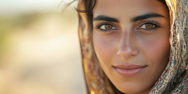 A tight portrait focusing on the soulful eyes and gentle smile of a young female nomad.