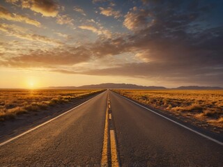 Naklejka premium Long empty road stretching into the horizon under a golden sunset