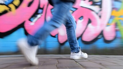 Woman Running Graffiti Wall Urban Action