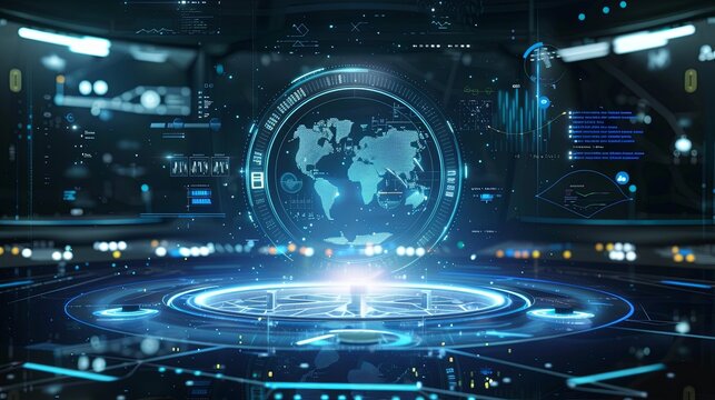 Cutting-edge digital holographic display showcasing scientific data and analytical graphs in a modern data processing center environment Generative AI