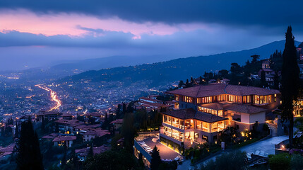 Elevated Cityscape View At Dusk Featuring Illuminated Buildings And Evening Sky With Rolling Hills
