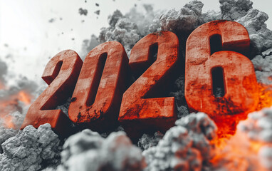 Duże cyfry 2026 rok w płomieniach, Szary dym i wybuchy za napisami 2026
