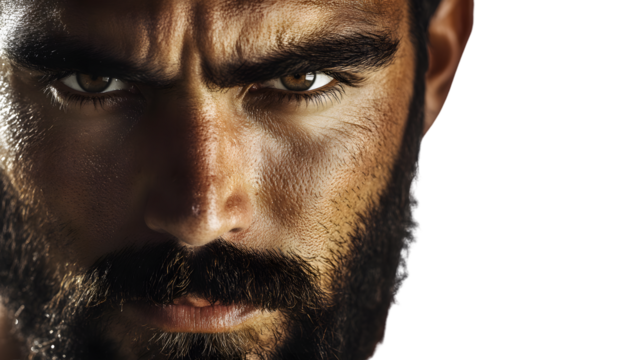 Closeup portrait of a mans intense gaze beard and mustache