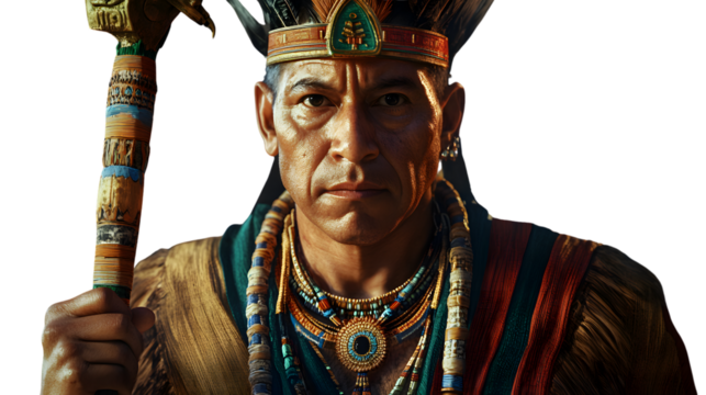 Closeup portrait of a Native Americaninspired figure holding a ceremonial staff