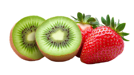 Fresh kiwi and strawberry isolated on transparent background --ar 16:9