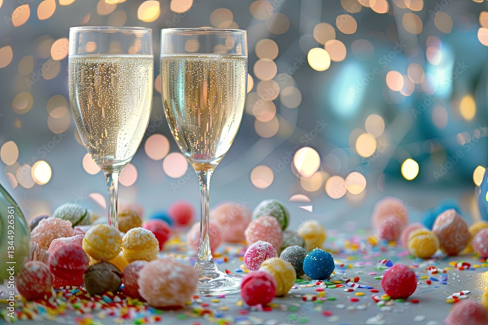 Aufkleber celebrate special occasions with sparkling champagne glasses and whimsical sweets on a colorful fest
