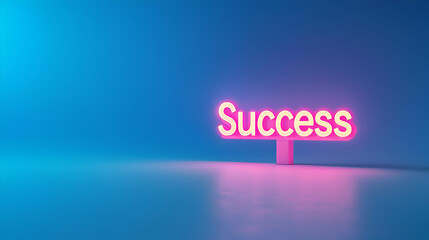 Pink Neon Success Sign On Blue Background