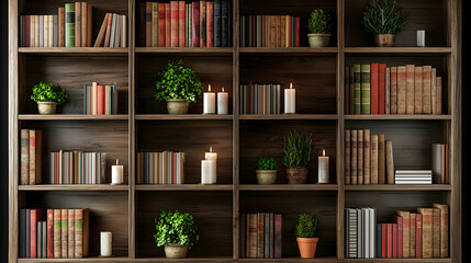 Ornate Wooden Bookshelf With Books, Plants, And Candles