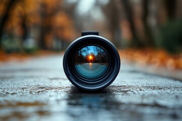 Focused view of a sunset through a camera lens in a tranquil outdoor setting during autumn