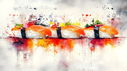 Artistic salmon sushi, restaurant, splash background, menu design