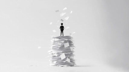 A mountain of office paper symbolizes bureaucracy and swallows a businessman. Bureaucracy dismantle - danger concept.