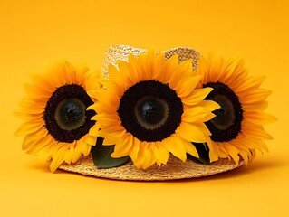 Three vibrant sunflowers arranged on top of a straw sun hat
