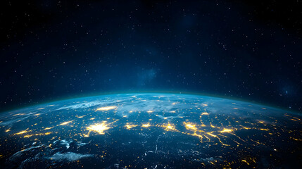 Obraz premium Blue Planet Earth Illuminated By City Lights Against a Starry Night Sky From Space