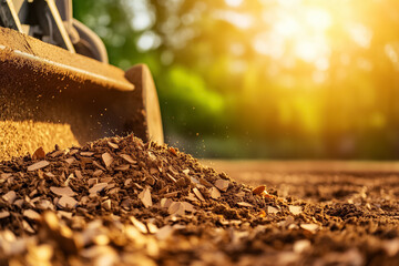 A heavy excavator moves soil in a sunlit garden, preparing the ground for landscaping. Dust and debris scatter in the warm glow, highlighting outdoor improvement efforts