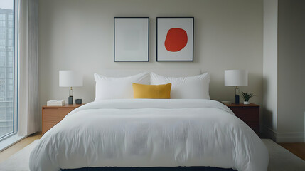Bright Modern Bedroom Interior With White Bedding Wooden Nightstands And Artwork Hanging Above