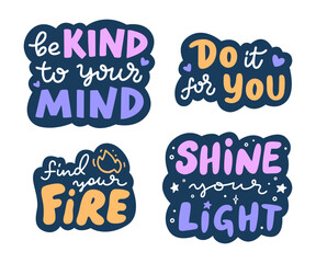 Set of positive thinking concept stickers design. Isolated vector handwritten lettering phrases for print, social media, or stationary. 