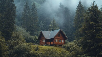 Charming Wooden Cabin Nestled Deep in Lush Green Forest Landscape