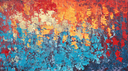 Obraz premium An abstract painting featuring vibrant shades of orange, blue, and yellow on a red, blue, yellow, and white background