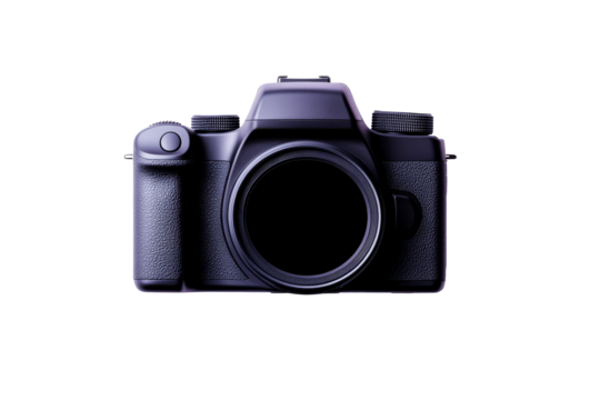 Black DSLR camera with transparent background on display