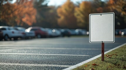 A blank white parking sign against a blurred autumn background