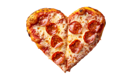 Heart shaped pizza slice with salami and cheese isolated on transparent background 
