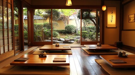 Japanese Zen Tea Room: a serene tea room with tatami mats, low wooden tables, shoji screens, and soft natural lighting, evoking a peaceful Japanese Zen aesthetic.