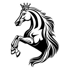 Obraz premium Monochrome Graphic of a Crowned Horse Head with Bridle and Flowing Mane