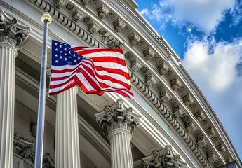 the united states flag flies in front of the building