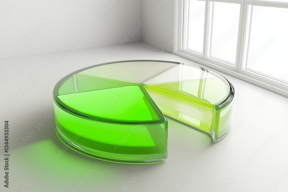 Poster futuristic glass pie chart in bright white room with sunlight, representing transparency, clean data