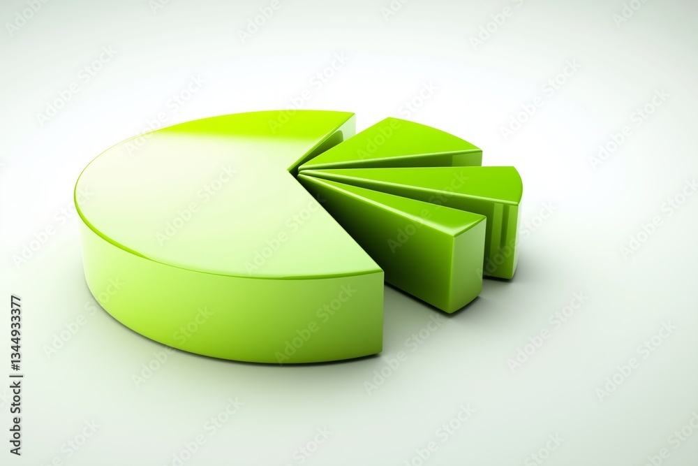 Poster 3D green pie chart with sliced segments on white background, symbolizing business analysis, data visualization, finance and statistical reporting concepts, Generative AI