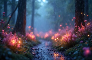Fototapeta premium Fantasy forest scenery with soft rain. Pink flowers with glowing lights on wet ground. Magic enchanted woodland with floral ground cover, fairytail atmosphere, dark tree trunks, magical mood, nature