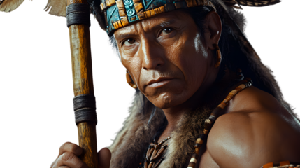 Closeup Portrait of Indigenous Person with Traditional Headdress and Weapon