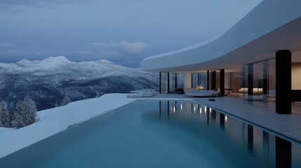 Fototapeta premium Modern, snow-capped mountain home with infinity pool. Panoramic views
