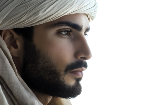 Closeup profile portrait of a man with a beard wearing a turban